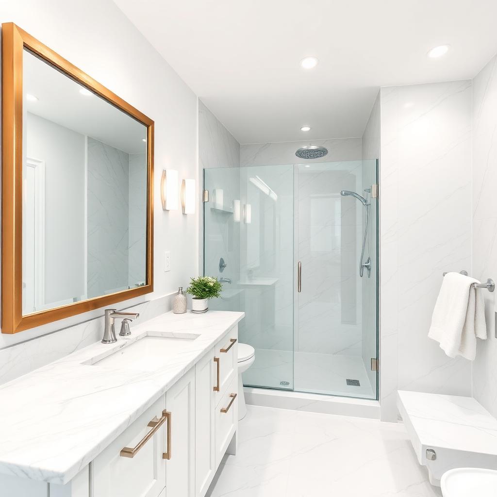 Freshly renovated modern bathroom with double vanity and walk-in tile shower