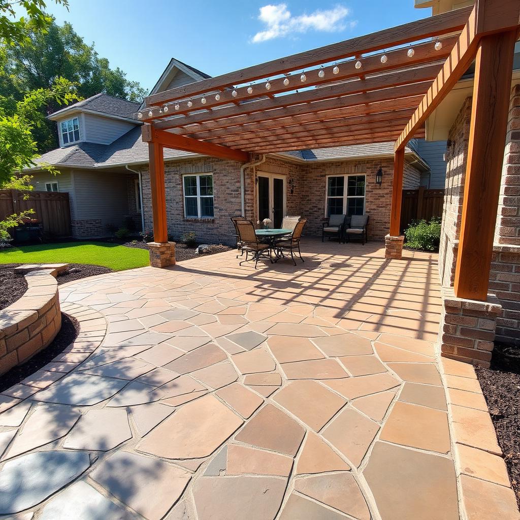 Newly poured stamped concrete patio with wooden pergola in suburban backyard