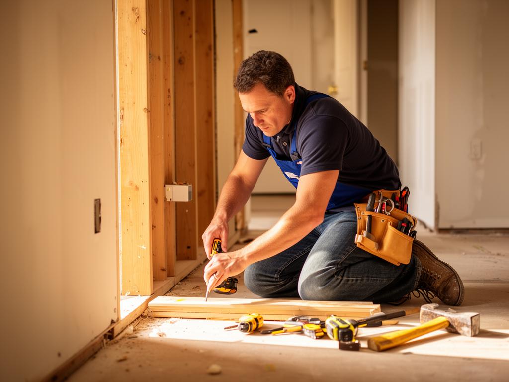 Contractor repairing interior wall and trim in residential home