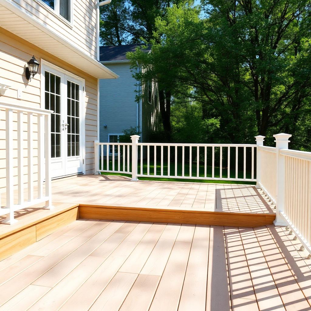 Newly constructed wooden deck with light-colored planks and white railing attached to suburban house