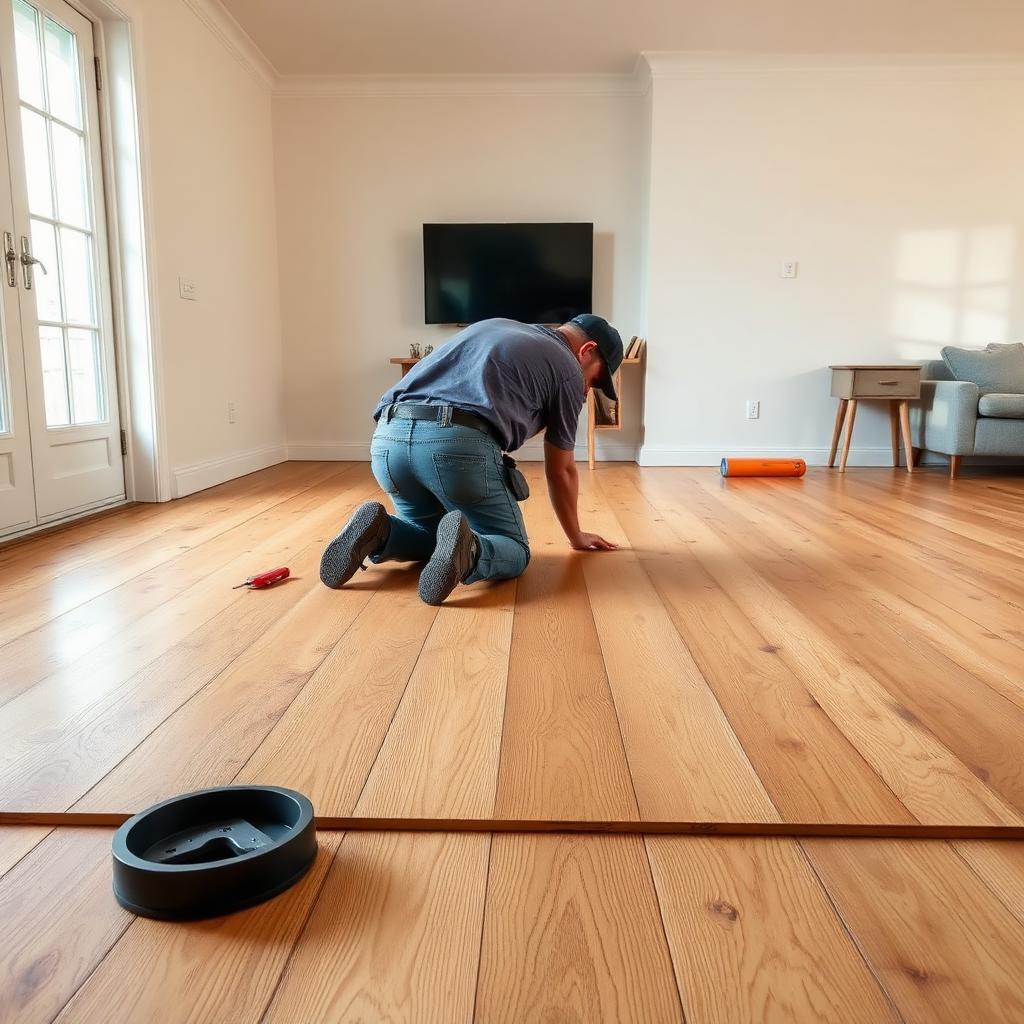 Hardwood flooring installation in progress in residential living room