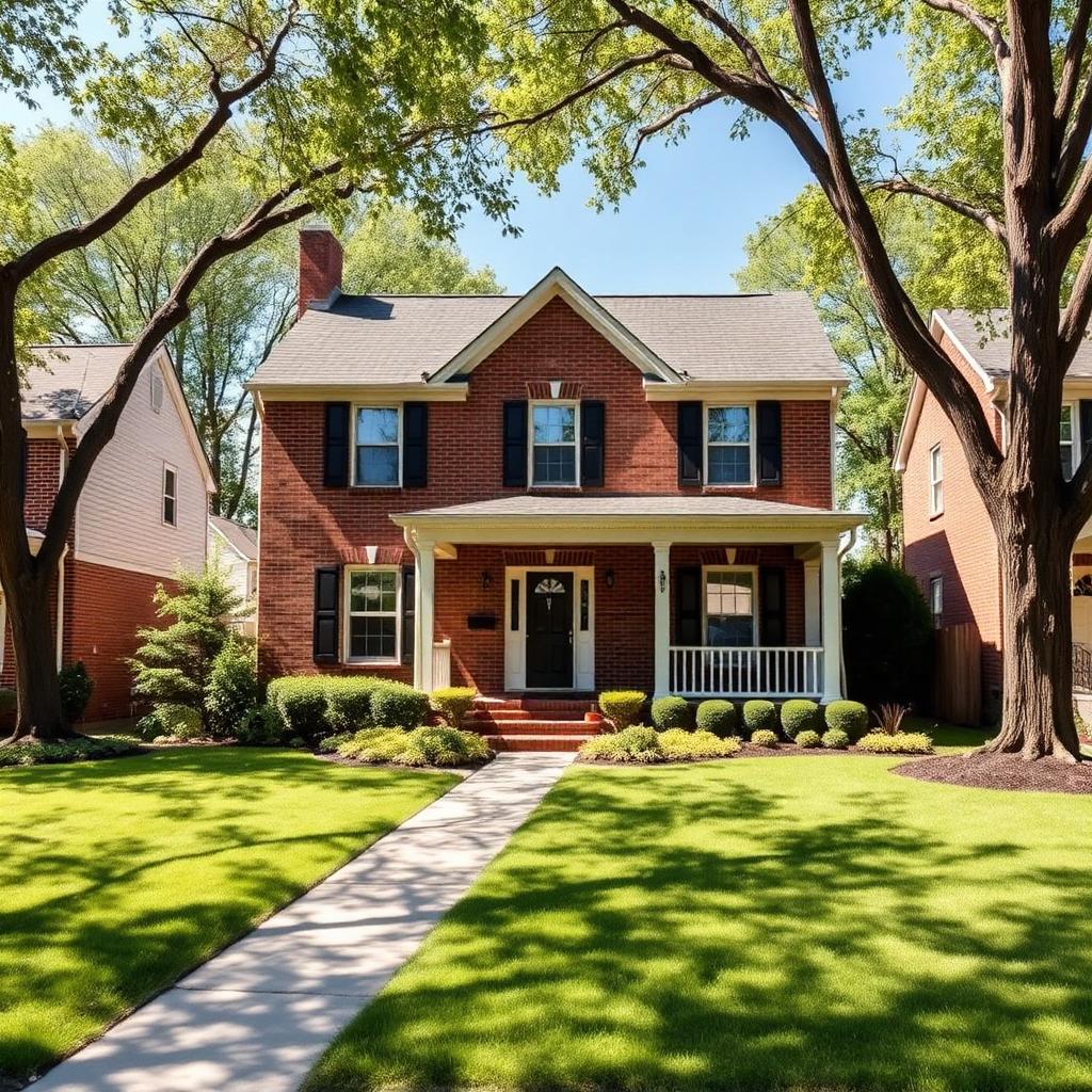 Brick-faced house front with covered porch in Louisville neighborhood