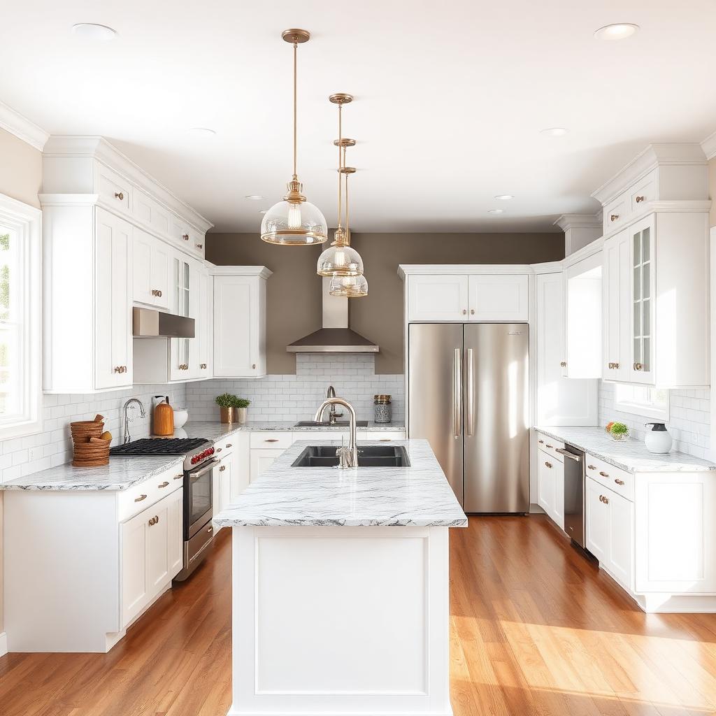Renovated open-plan kitchen with white cabinets, granite countertops, and hardwood floors