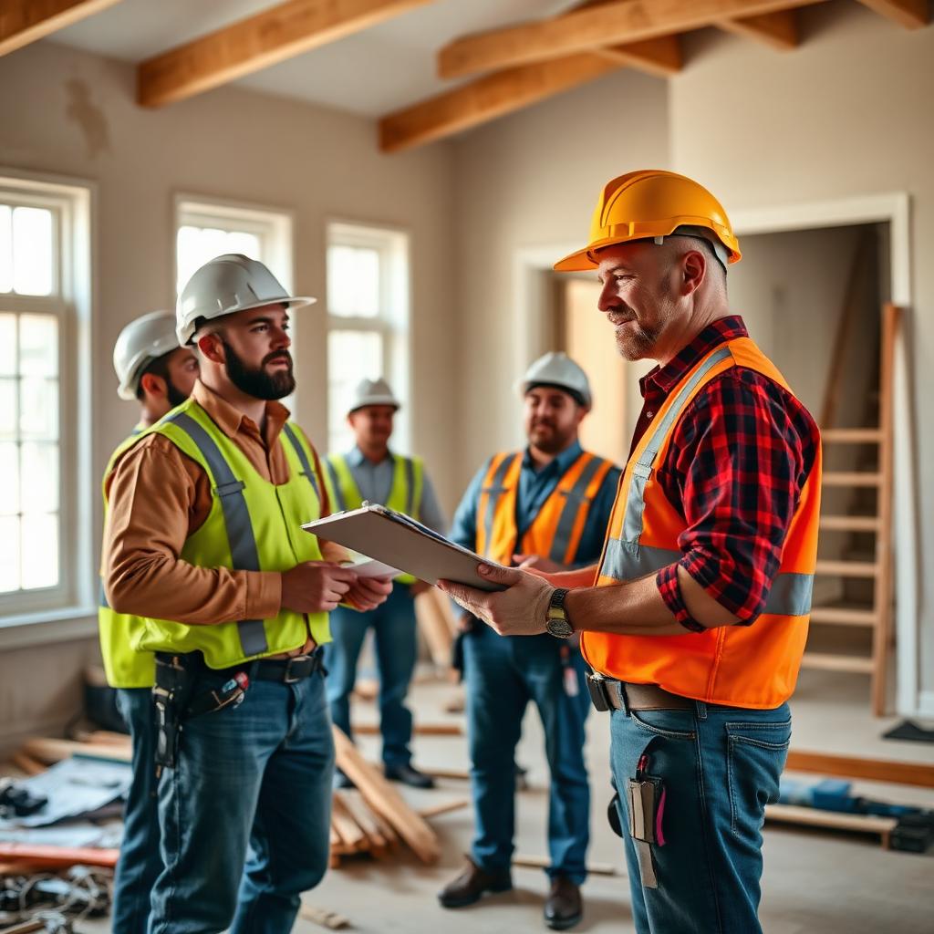 Wide empty interior room with light flooring being prepared for multi-trade renovation