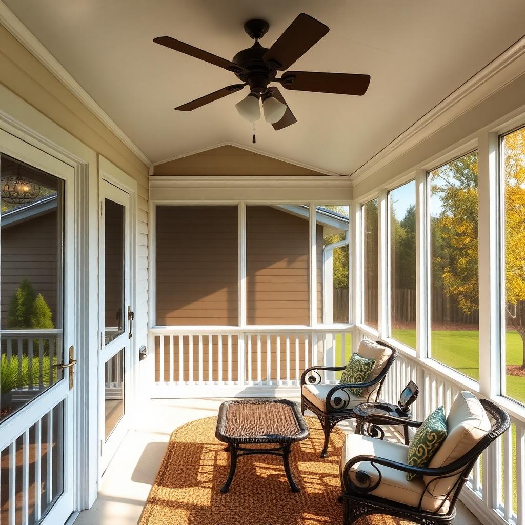 Screened-in porch with ceiling fan and comfortable seating on sunny afternoon